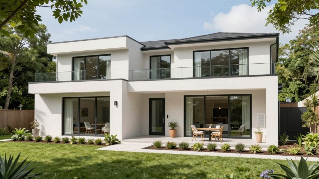Modern dual living home exterior with large windows.