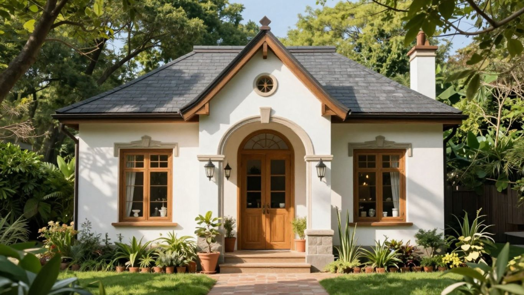 Unique boutique home design with lush greenery.