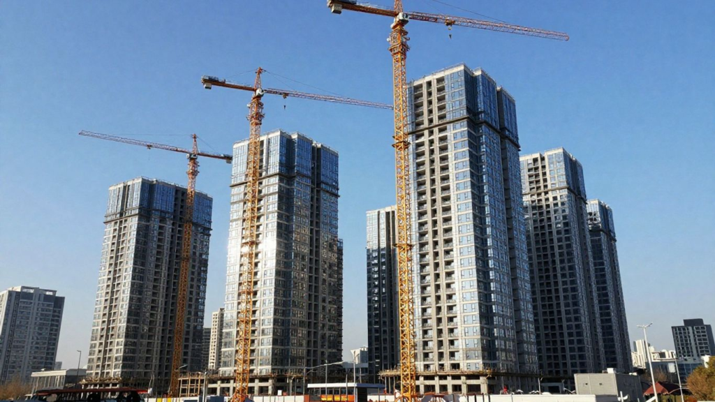 Construction cranes building new housing in a city.