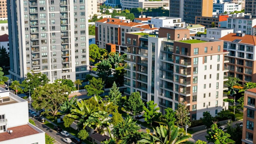 Modern mid-rise apartment buildings in a sunny urban setting.