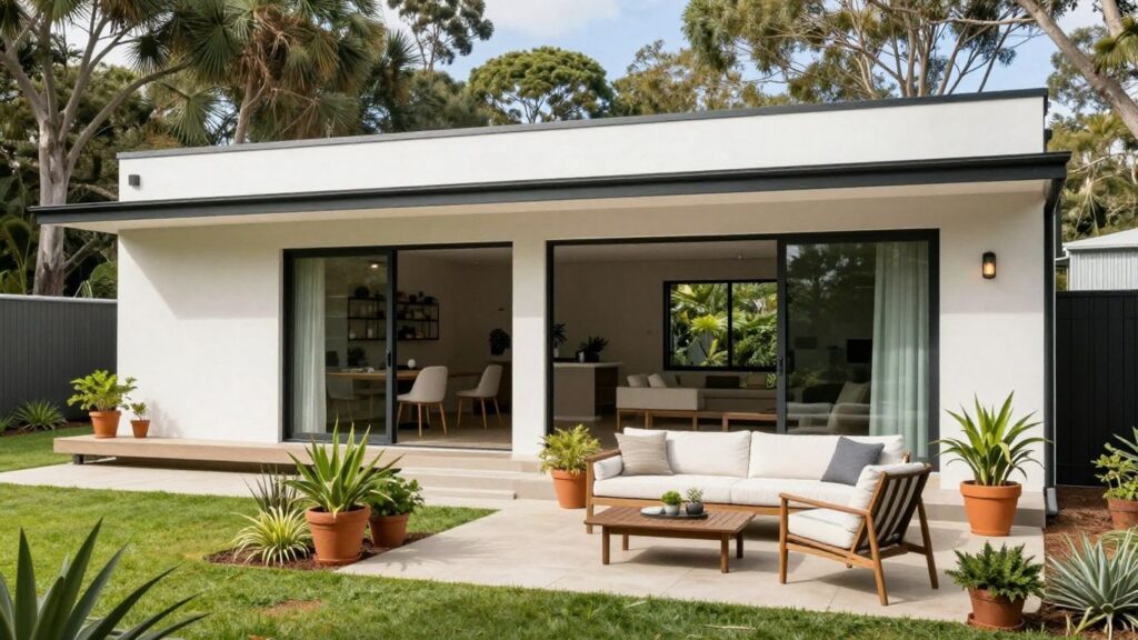 Modern boutique home with lush garden in Australia.