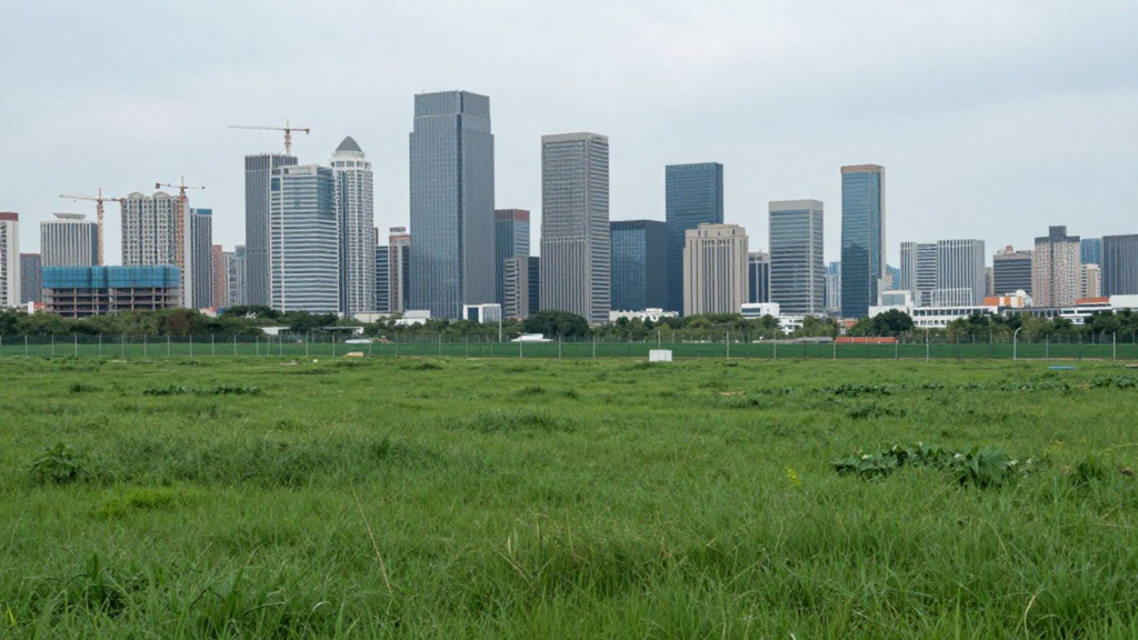 Green field meets city skyline, cranes in distance.