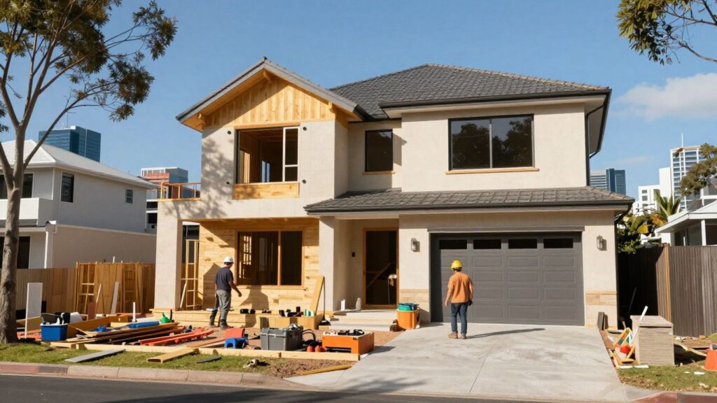 Melbourne construction site with builders and new home.